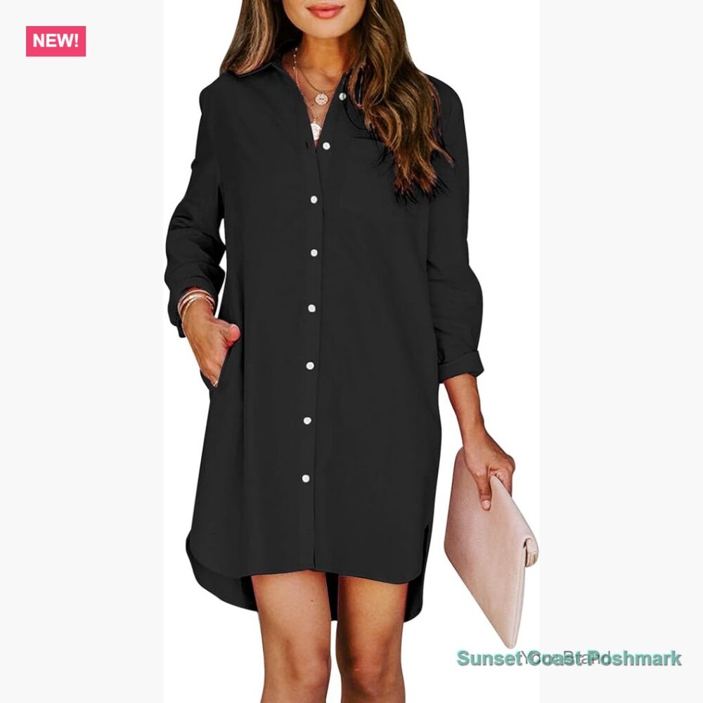 Cotton Button Down Shirt Dress with Pockets Long Sleeve Tunic